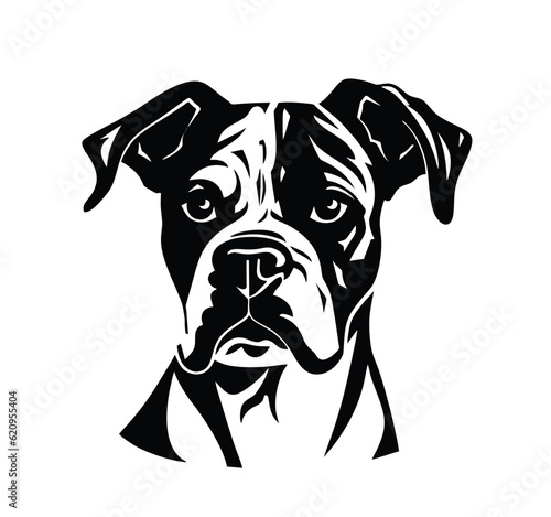 Vector isolated one single sitting Boxer dog head front view black and white bw two colors silhouette. Template for laser engraving or stencil, print for t shirt	