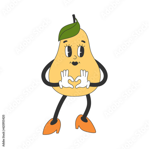Cute pear girl character in y2k groovy style. Cartoon character in trendy retro style. Isolated vector illustration. 