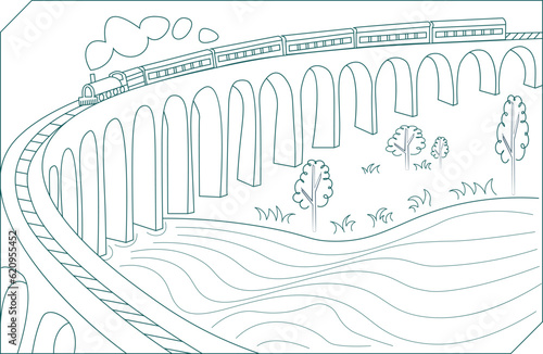 Transparent contour landscape near river with silhouettes of locomotive and bridge vector