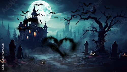 Scary Halloween castle under a full moon in the dark night. Illustration of a gothic and eerie landscape.