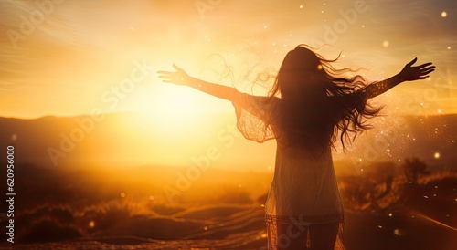Silhouette of a woman with open arms against the sunset sky