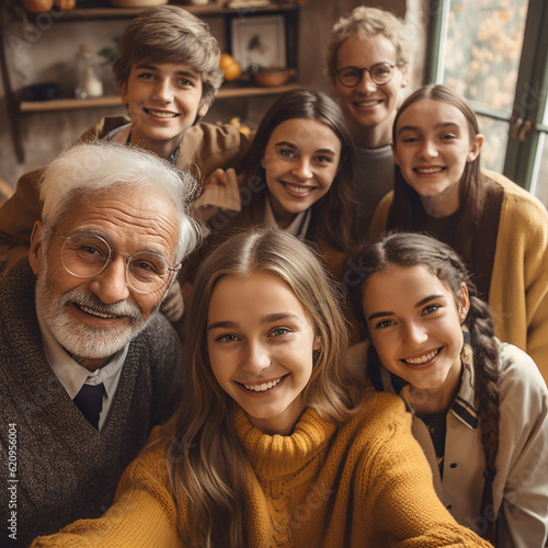 Children, smile and portrait of family selfie at home for relaxing, bonding and together on weekend. Retirement, love and faces of ai generated grandparents, parents and kids take picture for memory