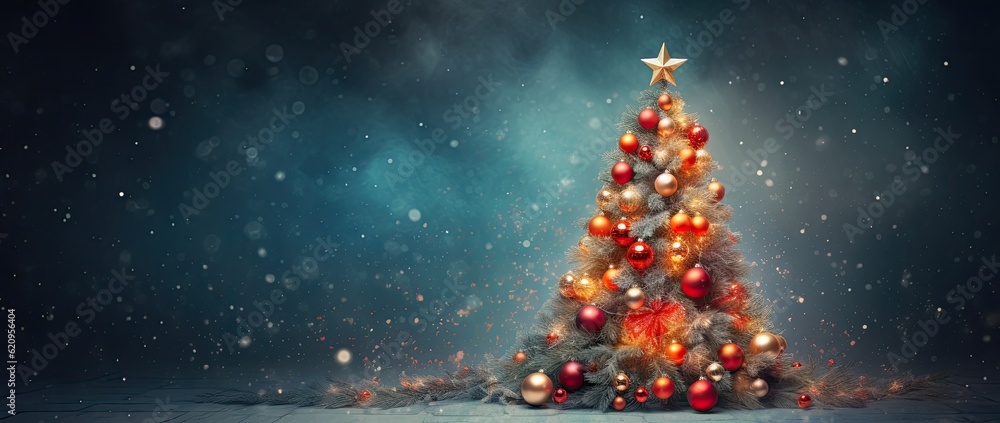 Christmas tree with ornaments and falling snow, 3d rendering Christmas tree with ornaments and falling snow, 3d rendering