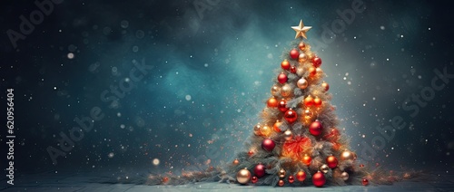 Christmas tree with ornaments and falling snow  3d rendering