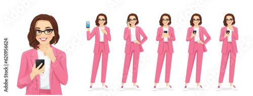 Portrait of business elegant woman holding mobile phone, talking, texting and showing empty screen isolated set vector illustration