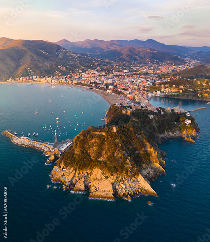 Aerial view of Sestri Levante and its Baia del Silenzio at sunset, Genova, Liguria