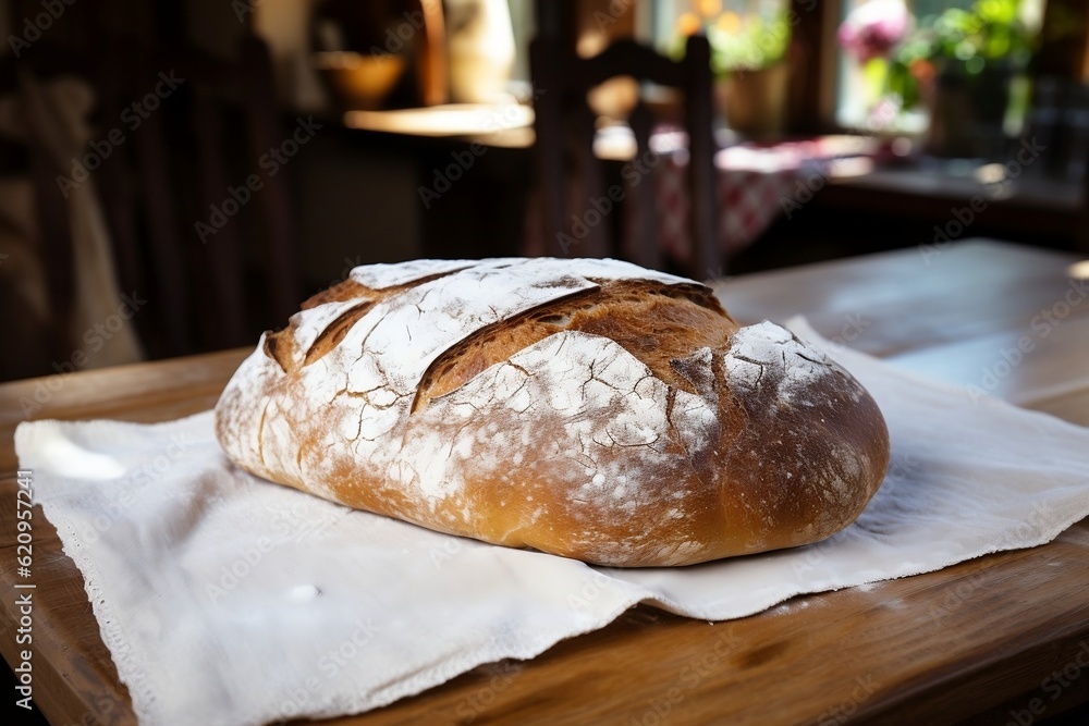 Bread Display Freshly Baked Loaf on a Table. Generative AI