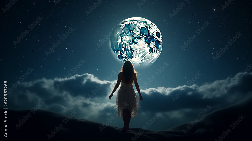 A beautiful girl standing under the bright moonlight A beautiful girl standing under the bright moonlight