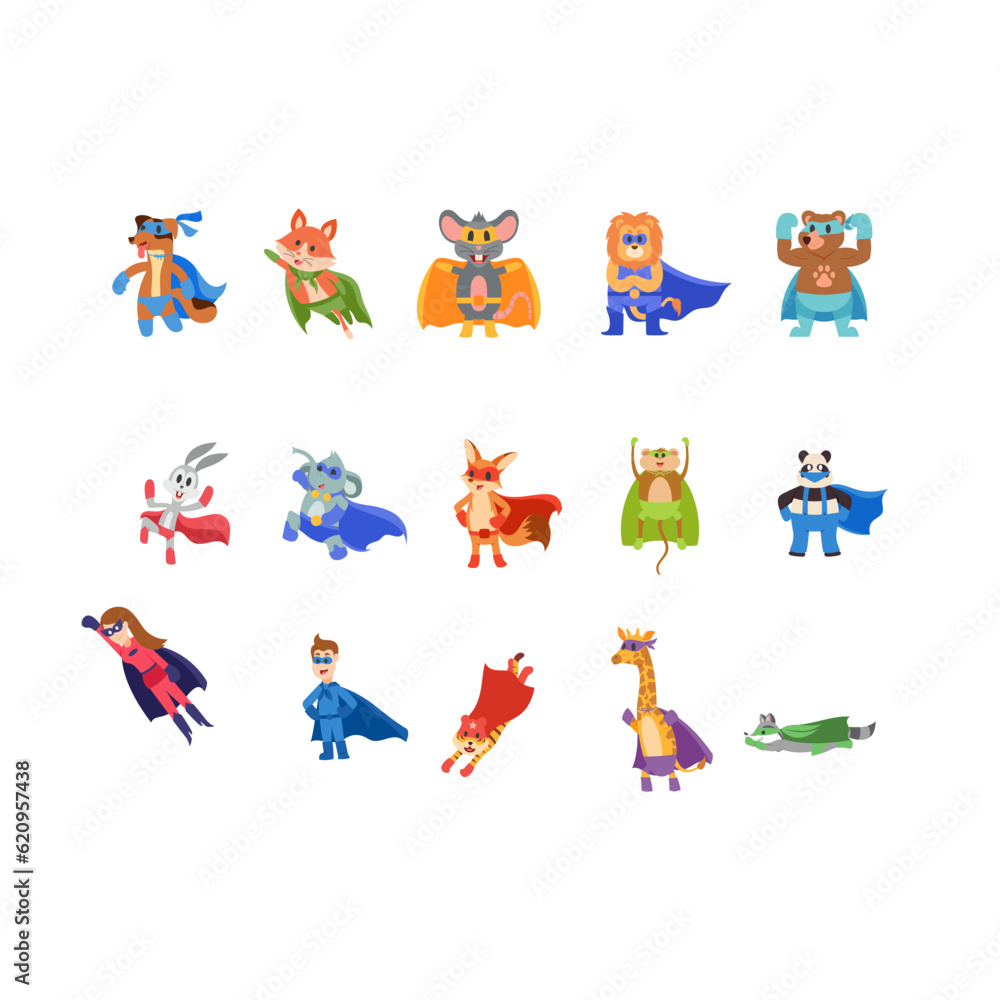 Naklejka premium Super Hero animals in colorful superhero costumes, funny children characters cartoon vector Illustration.