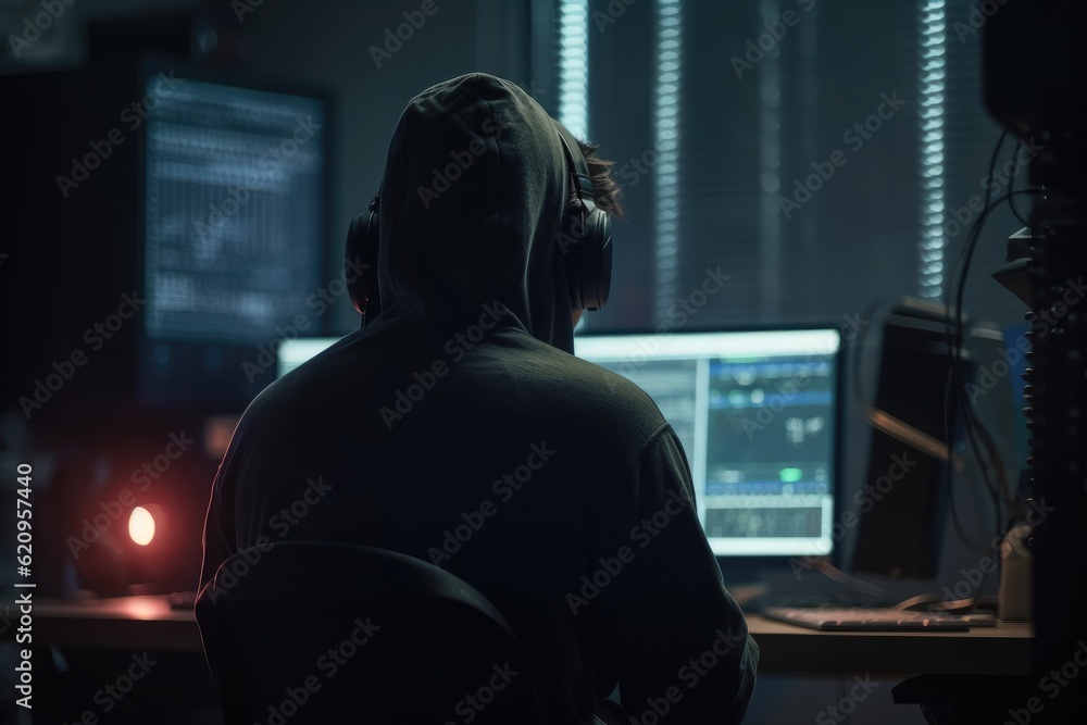 Back view of hacker wearing a hoodie sitting at their desk break into a secure network with their computer, AI generated Back view of hacker wearing a hoodie sitting at their desk break into a secure network with their computer, AI generated