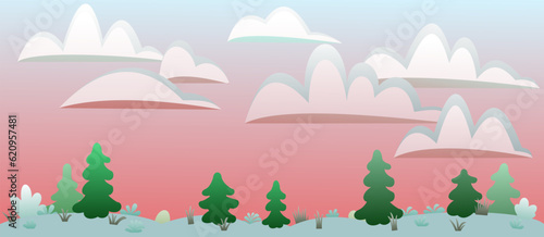 Trees and pines. Red sunset evening. Winter landscape with snowdrifts and snow. Seamless illustration. View of white cold nature. Cartoon fun style. Flat design. Vector