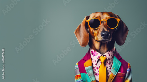 Fototapeta Naklejka Na Ścianę i Meble -  Cool looking Dachshund dog wearing junky fashion colorful jacket, yellow tie and sunglasses isolated on background. Digital illustration generative AI.
