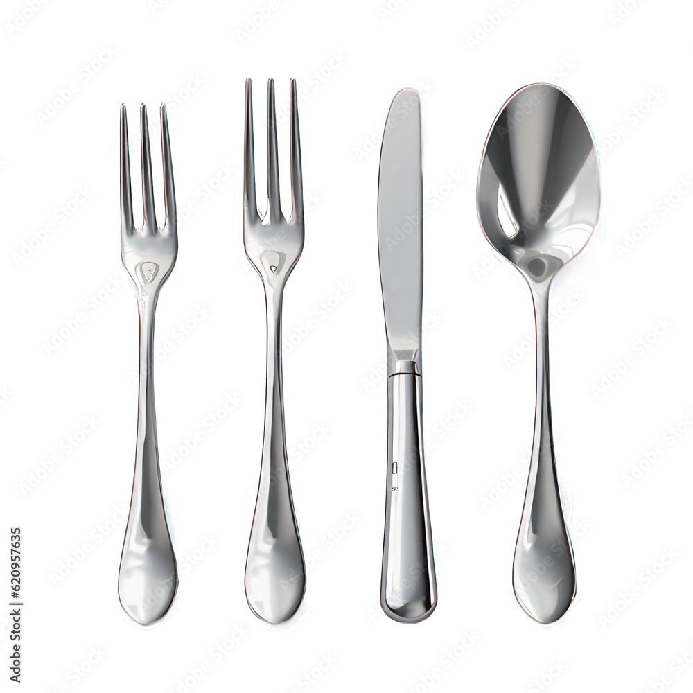 Set of fork, knife and spoon isolated on white created with Generative AI Set of fork, knife and spoon isolated on white created with Generative AI