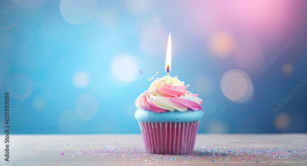 Cupcake with candle on blue bokeh background. Birthday concept Cupcake with candle on blue bokeh background. Birthday concept