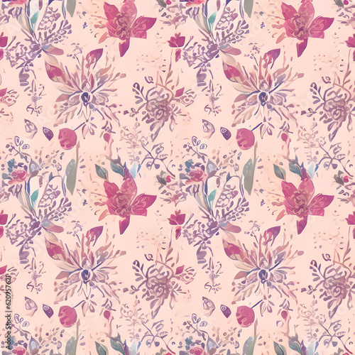 seamless floral pattern with leaves in orange, green and purplish purple in pastel shades