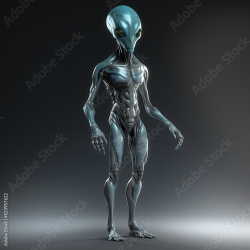 Alien attack or abduction or in a UFO space ship, visitor or scary world or universe with invasion, technology and martians. A close up or portrait of aliens for horror, strange and special effects. © YuriBot/Peopleimages - AI