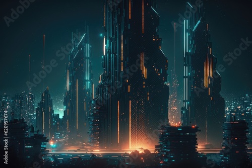 Landscape of Futuristic Sci-Fi Capital city and building  Night city  Cyber punk  AI generated