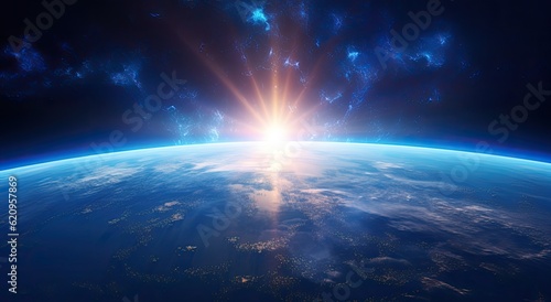 View of the planet Earth from space during sunrise