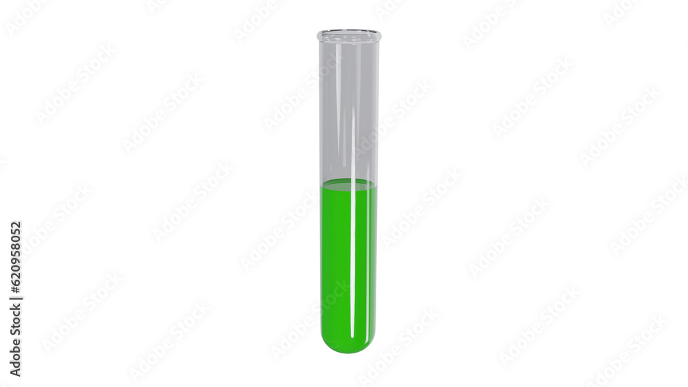Empty tube flask with green liquid isolated on white and transparent background. Science concept. 3D render Empty tube flask with green liquid isolated on white and transparent background. Science concept. 3D render