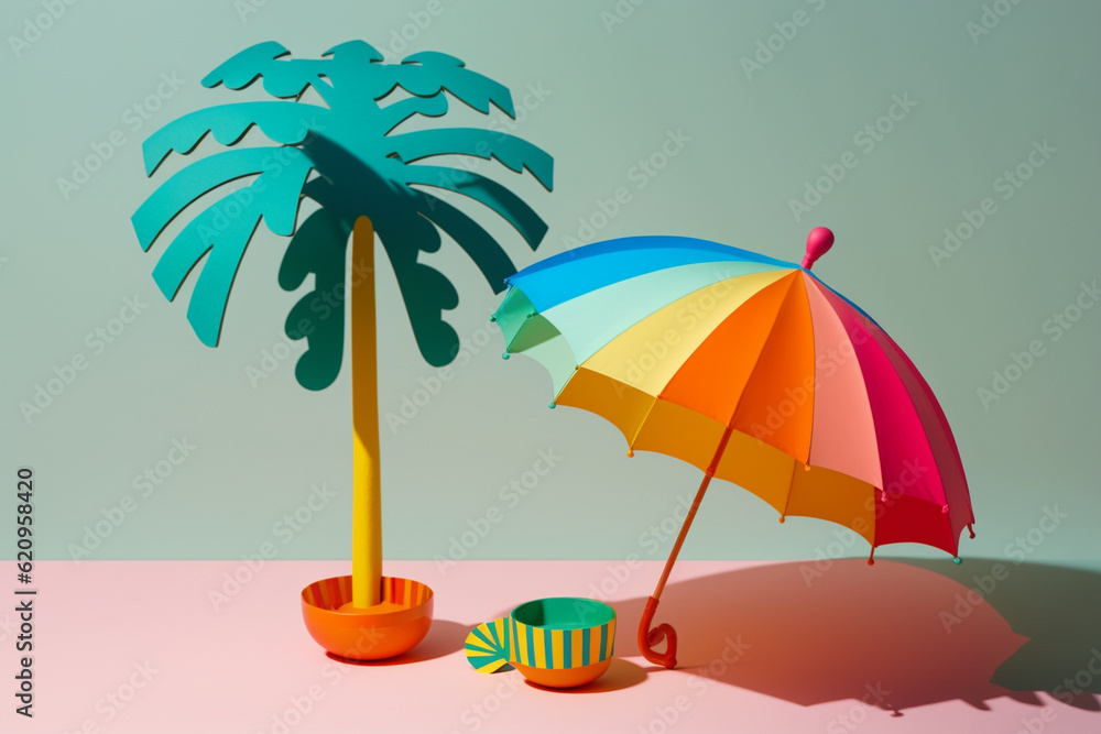 Colorful sun umbrella on the beach. Summer concept created with ai generative technology