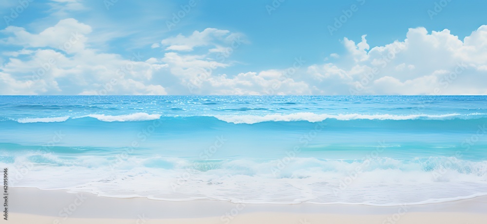 Sandy coastline and turquoise sea waves with sun glare against blue sky with clouds, panorama illustration advertising banner travel Generative AI