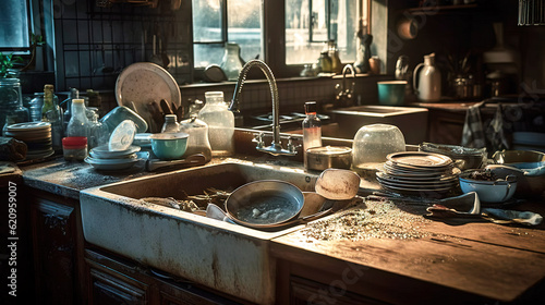 Dirty sink and old worn out sideboard with dirty dishes in the kitchen of an apartment building, made with generative ai