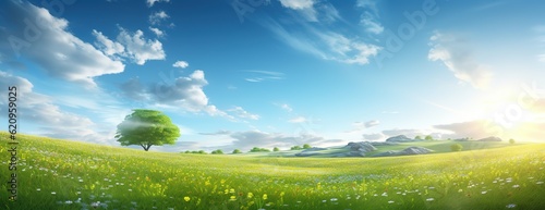 Landscape panorama meadow with wildflowers on green hills with trees on horizon sunrise and blue sky background soft focus illustration banner format Generative AI