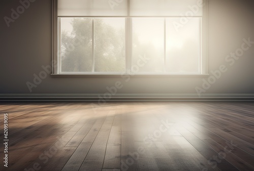 Room with sunlight through window and wood floor empty space minimalist abstract background for product presentation interior design Generative AI