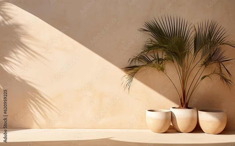 Shadow of palm leaf on beige wall sunlight from window and flowerpot with palm tree, abstract background for product presentation,interior design Generative AI Shadow of palm leaf on beige wall sunlight from window and flowerpot with palm tree, abstract background for product presentation,interior design Generative AI