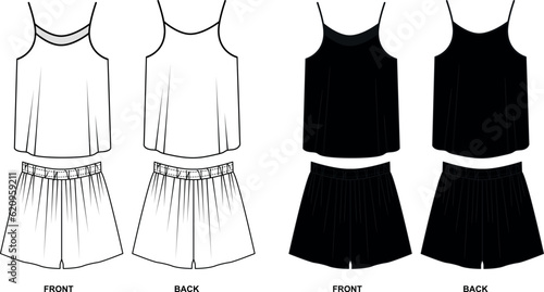 Vector sketch of a set of black and white pajama set. Pattern of shorts with pleats and top with thin straps front and back view. 