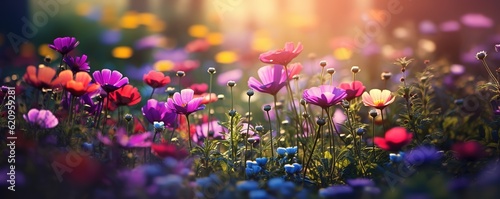 Multicolored flowers in meadow in grass with sunlight, spring summer panoramic view nature background photo soft focus illustration banner Generative AI