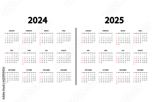 Calendar English 2024 and 2025 years. The week starts Sunday. Annual calendar 2024, 2025 template. Stationery vertical template in simple, minimal design.