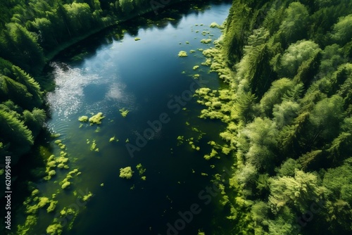 Aerial drone view of lake and green lush forest. Generative AI © AIstudio1