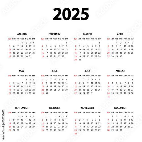Calendar 2025 year. The week starts Sunday. Annual calendar 2025 template. Stationery vertical template in simple, minimal design. Portrait orientation
