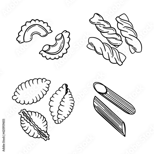 set vector drawn macaroni, pasta, rigatoni, spaghetti. line art