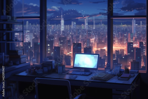3d rendering of a night office with a large window overlooking the city