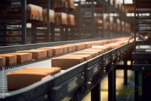Conveyor belt with cardboard boxes in warehouse, 3d render in factory © Graphicsstudio 5
