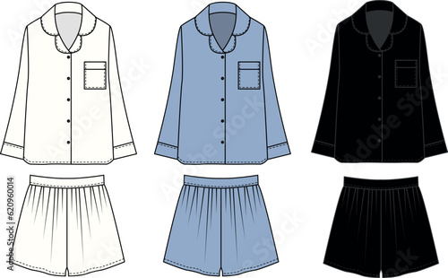 Collection of suits made of shorts and loose fit shirts, white, blue and black colors. Set of linen style clothing templates of shorts and long sleeve shirt with button up shirt, vector. 