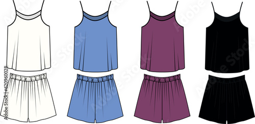 Collection of vector illustrations of a suit of loose fit shorts and shirts, white, pink, blue and black colors. Set of templates of clothes in linen style of shorts and strappy T-shirt, vector.  