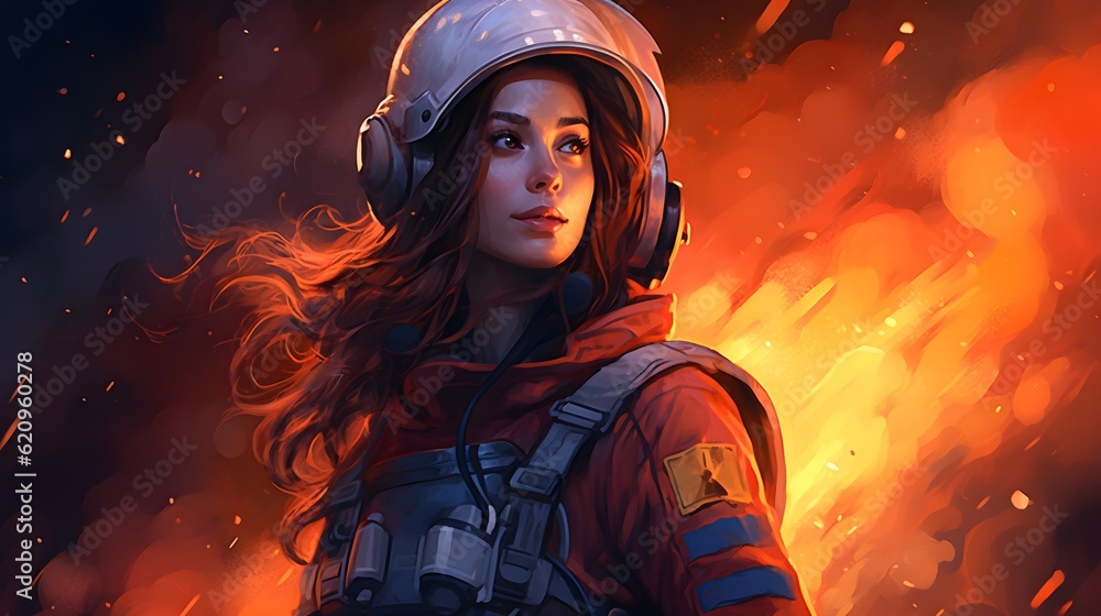 Female Fire Fighter surrounded by flames. Generated with ai. Female Fire Fighter surrounded by flames. Generated with ai.