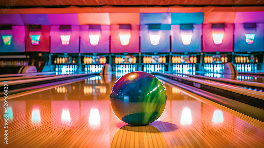 Fototapeta premium colorful bowling ball on a lane in a bowling center, made with Generative AI
