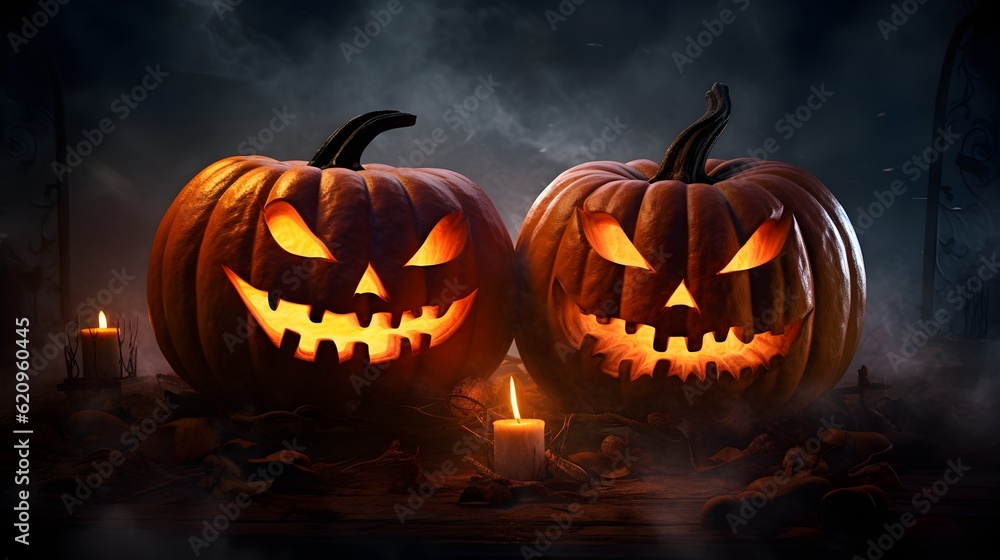 Halloween pumpkin jack o lantern in forest, generated with ai Halloween pumpkin jack o lantern in forest, generated with ai