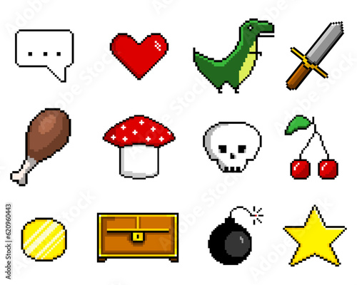 Pixel vector set icons for game, retro style. Dinosaur, cherry, star, coin, sword