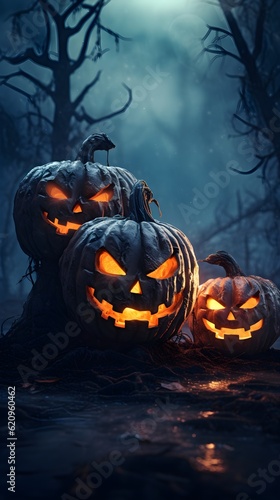 Halloween pumpkin jack o lantern in forest, generated with ai © Andreas