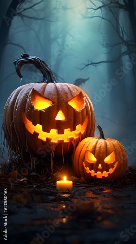 Halloween pumpkin jack o lantern in forest, generated with ai