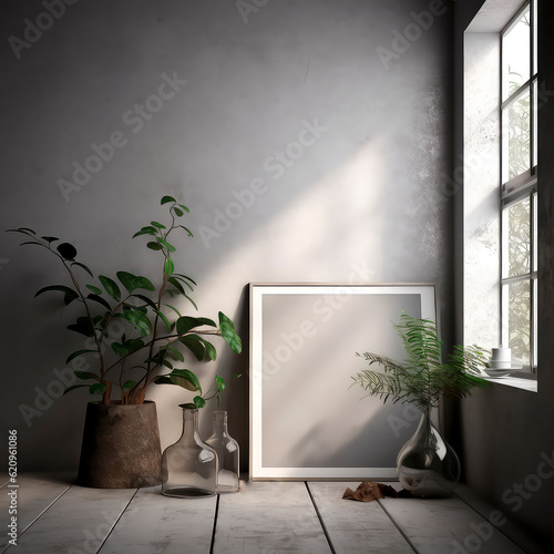 oft  modern interior mockup with empty frame and decorative elements on concrete textured wall with green plants on on pot.Luxury hotel resort background. Vacation template. Minimal.Generative ai.