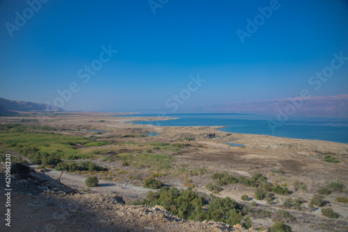 Dead Sea and mountains in Jericho, Palestine photo