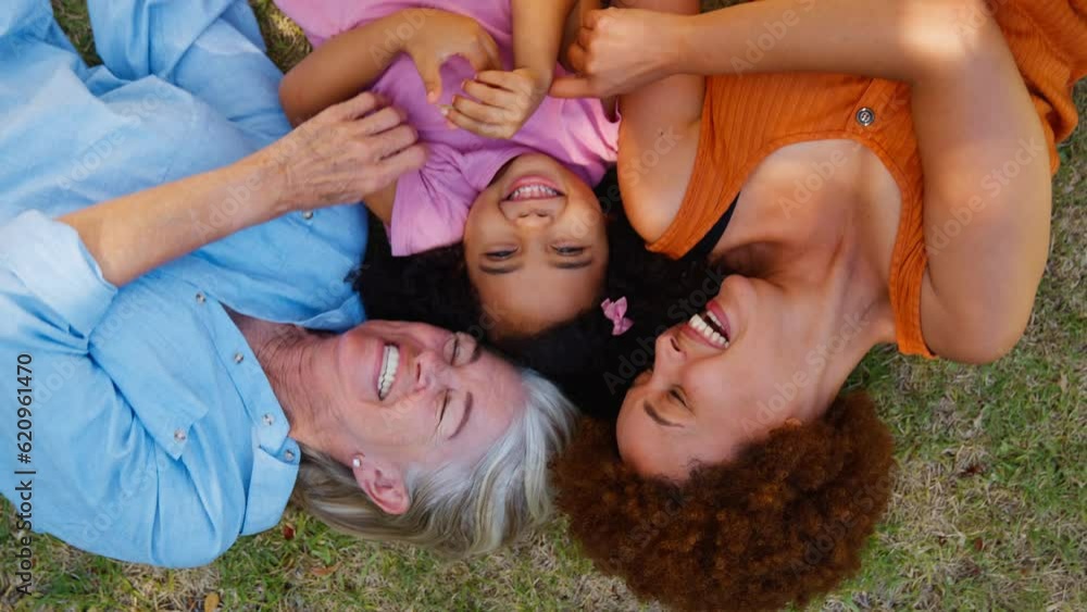 Overhead portrait shot of multi-generation female family lying on grass together tickling granddaughter - shot in slow motion Overhead portrait shot of multi-generation female family lying on grass together tickling granddaughter - shot in slow motion