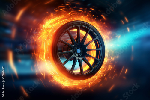 Car wheel on fire background. 3d rendering toned image double exposure