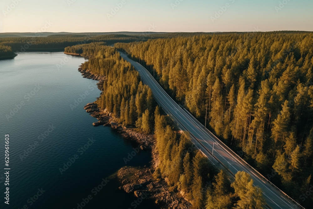 Aerial view of highway and forest in Finland. Drone photography.